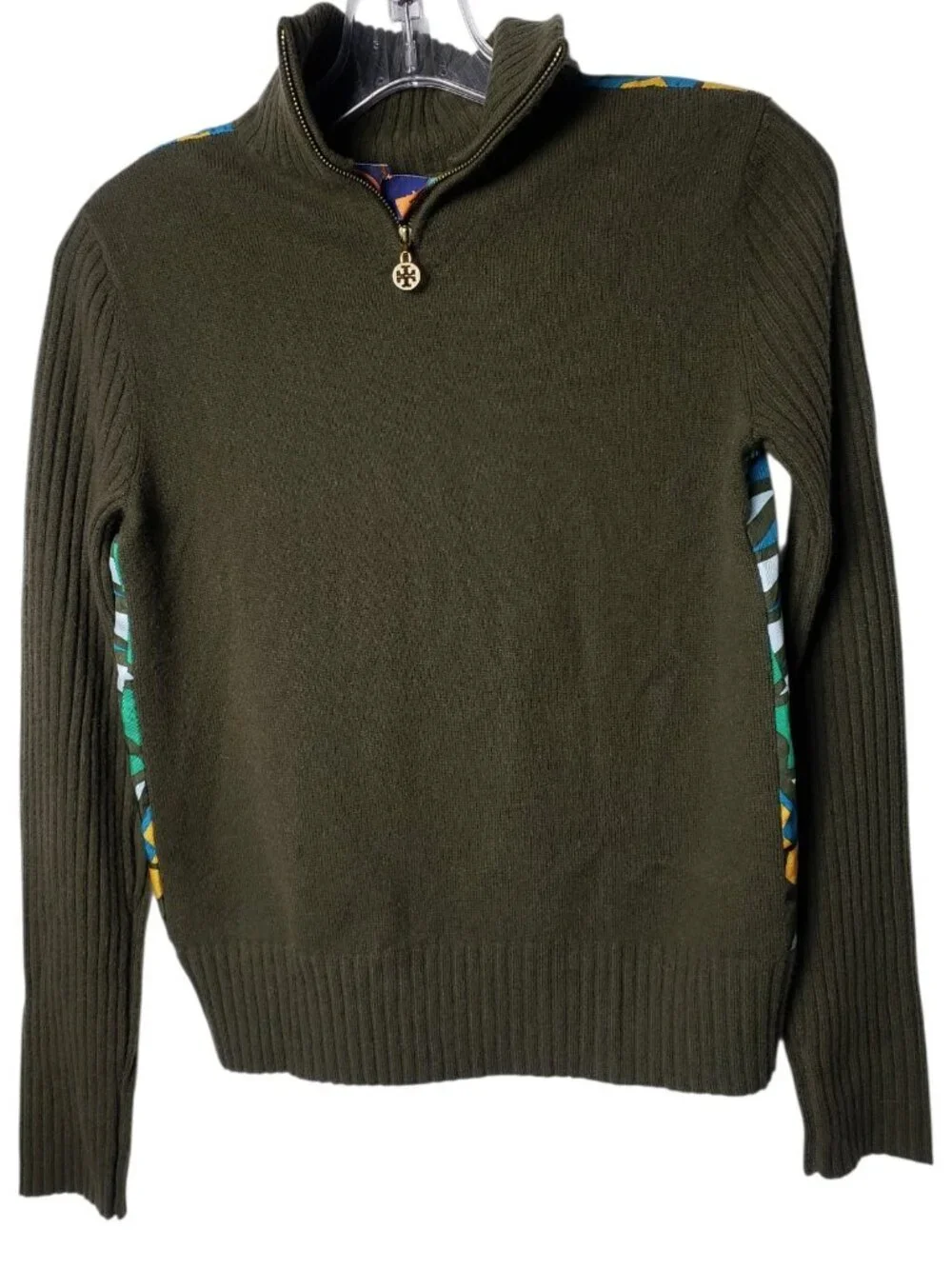 Tory Burch Womens Olive Green Half-Zip Sweater W/Vibrant Mandala Xsmalll